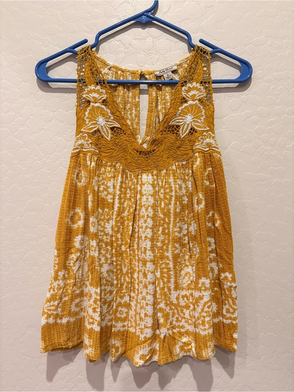 Lucky Brand Mustard Yellow Crochet Yoke Sleeveless Top